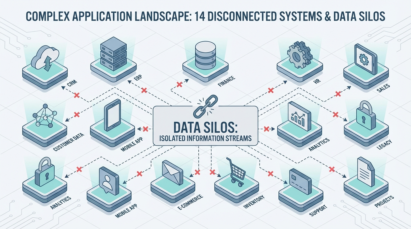 Complex application landscape diagram showing 14 disconnected systems