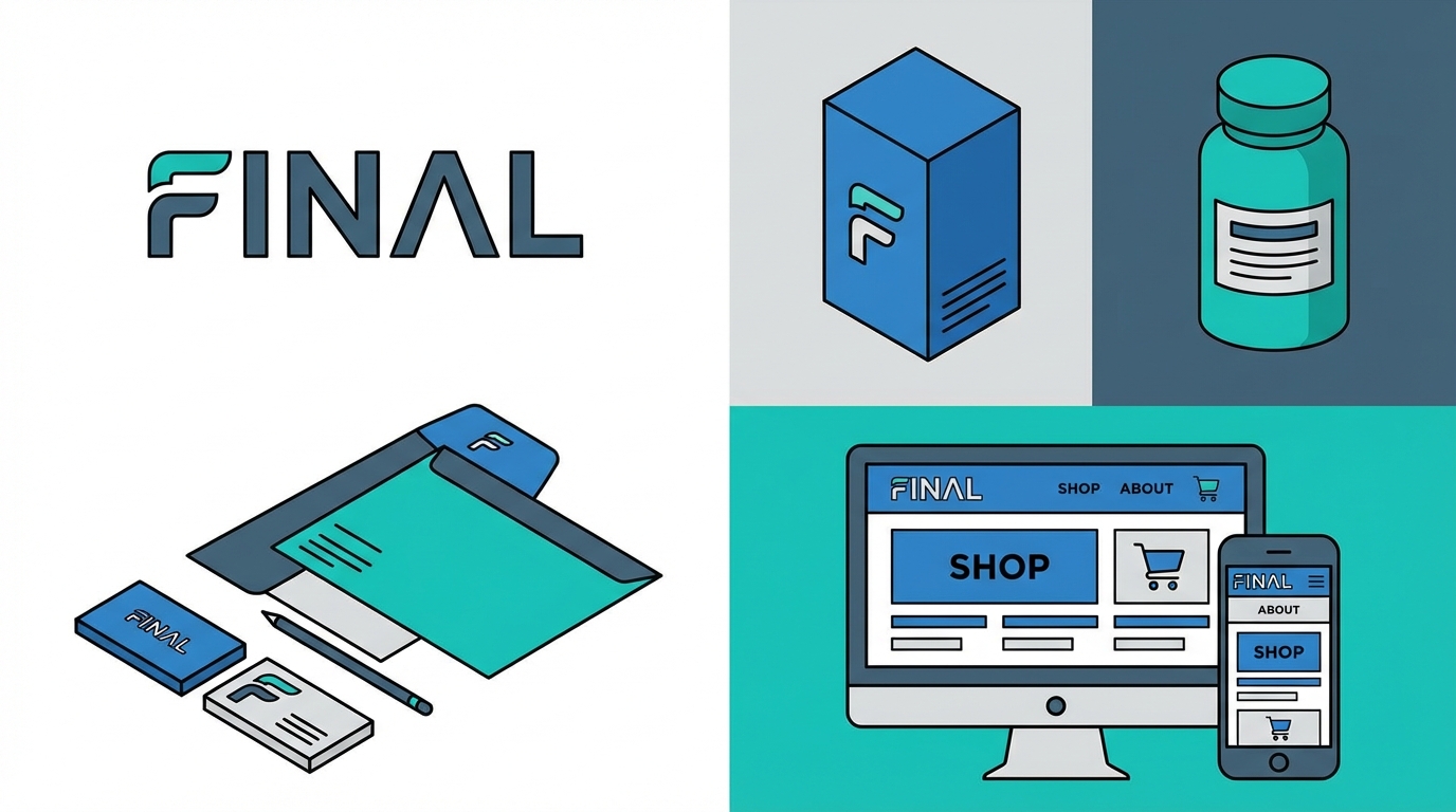 Final brand identity with product packaging and website