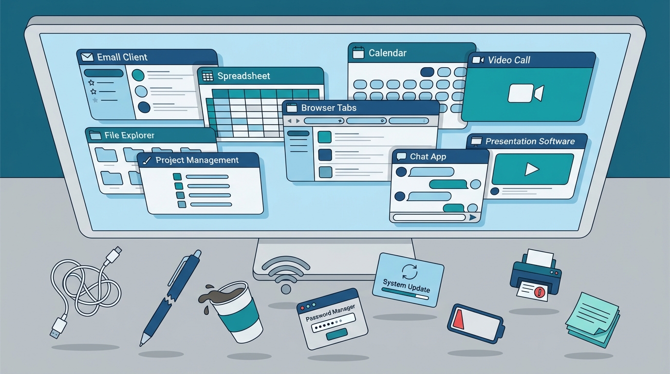 Cluttered desktop with 9 different application windows