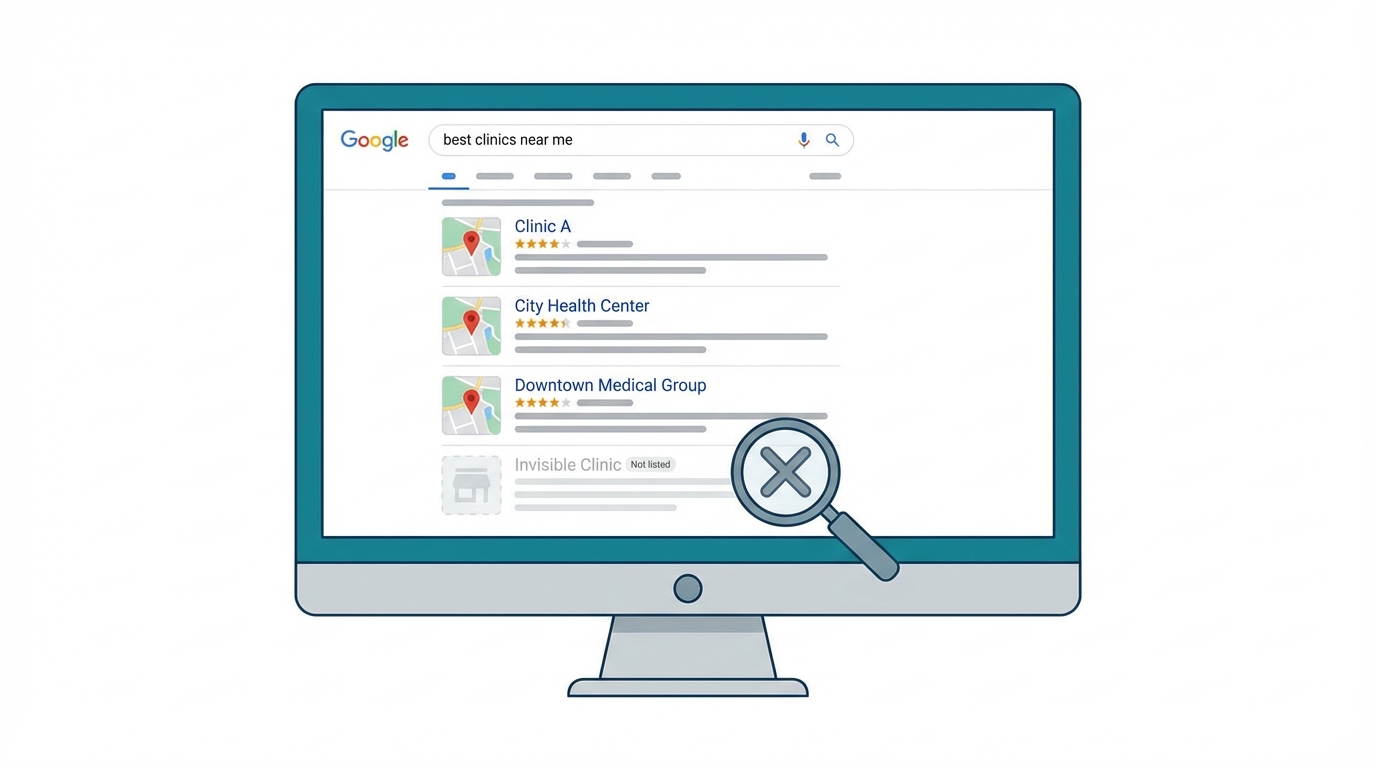 Google search results showing clinic not appearing in top results