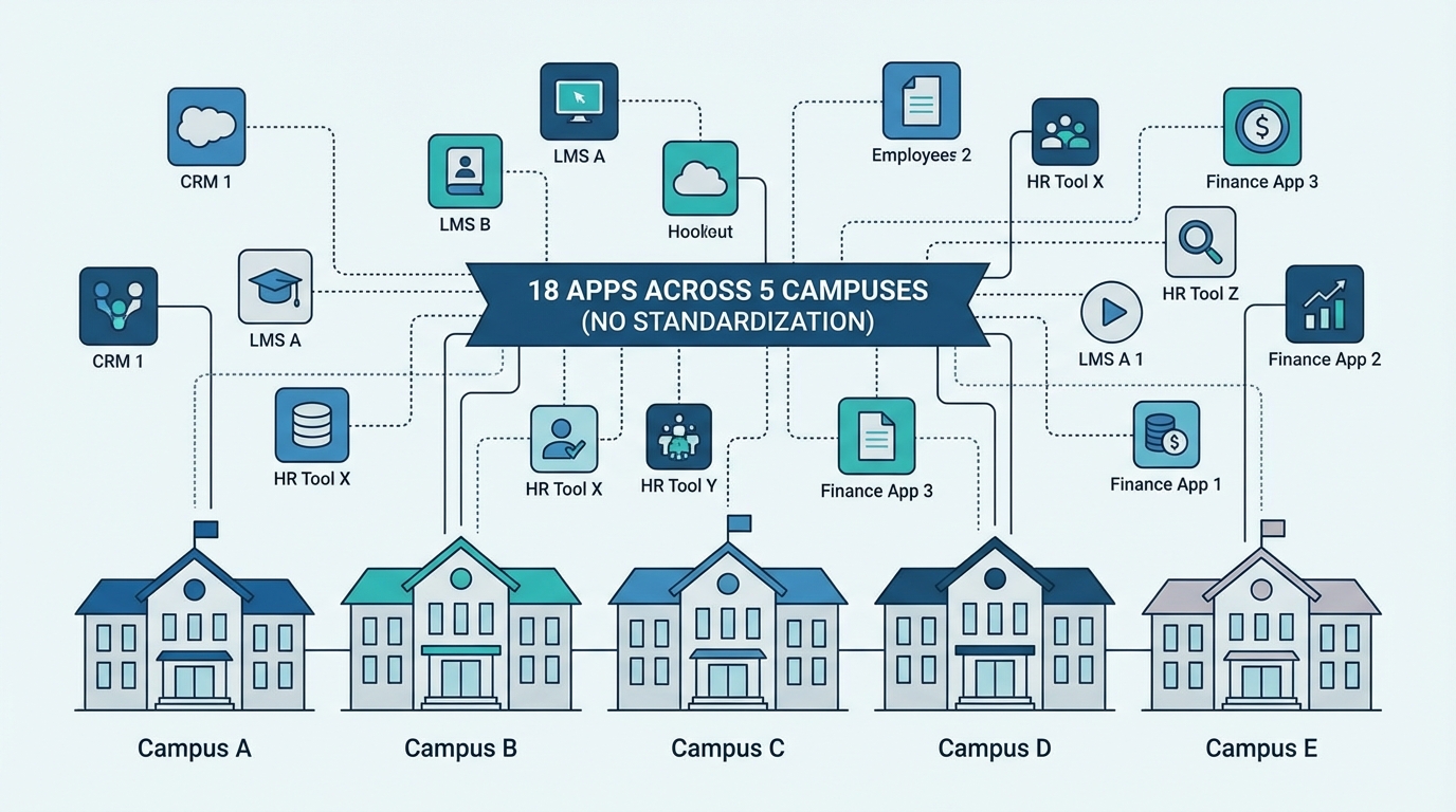 Diagram showing 18 different apps across 5 campuses
