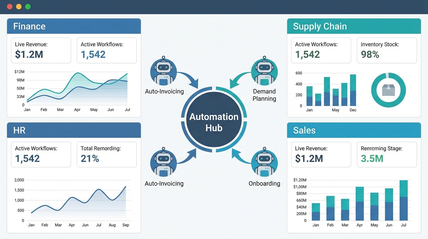Automated ERP dashboard showing real-time metrics