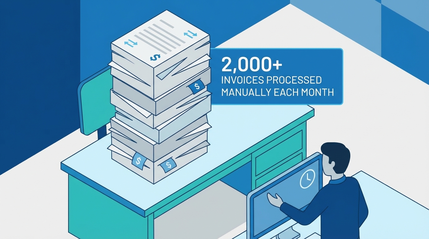 Stack of paper invoices awaiting manual processing